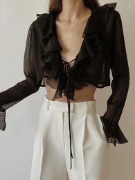 Women's Blouses Semi Sheer Women Sexy Tie Bow Front Ruffles Cropped Shirt High Waist Short Blouse Long Flare Sleeve French Tops Black White