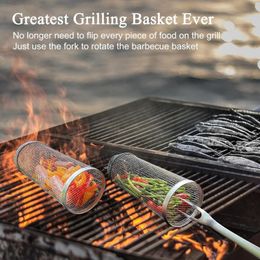 BBQ Grills Basket Stainless Steel Rolling Grilling Rack Outdoor Barbecue Picnic Container For Vegetables Shrimp Fish Meat 230706