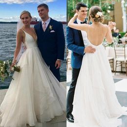 2023 Boho Beach Wedding Dresses Simple Deep V Neck Cheap Spaghetti Straps Tiered Skirt Satin Organza Backless Wedding Gown vestido de novia