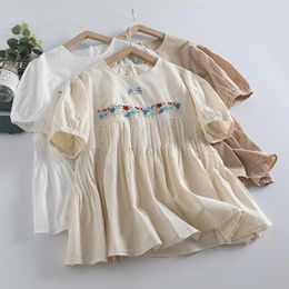 Women's Blouses Summer Sweet Embroidered Shirt Women Short Sleeve Pleated Top