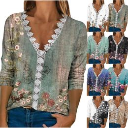 Women's Blouses Long Sleeve Tees For Womens V Neck Lace Crochet Flowy Fall Fashion Women Tunic Blouse Cotton