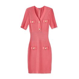 2023 Summer Pink Contrast Colour Panelled Dress Short Sleeve V-Neck Buttons Knee-Length Casual Dresses W3L049102