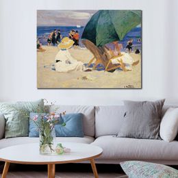 Seascape Canvas Art Green Umbrella Edward Henry Potthast Painting Handmade Beach Landscape Artwork Home Decor