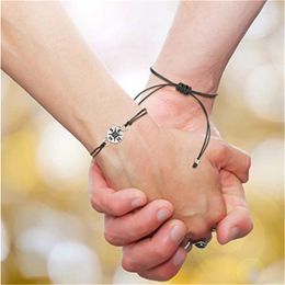 Link Bracelets Vintage Handmade Jewelry Compass Wax Wire Braided Bracelet Couple Make A Wish Card Love Gift For Women Men