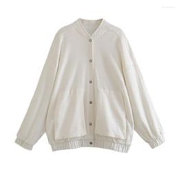 Women's Jackets 2023 Summer Style Stand-up Collar Long-sleeved Linen Blended Loose All-match Bomber Jacket