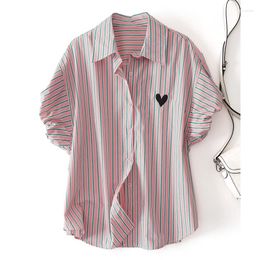 Women's Blouses 2023 Summer Elegant Striped Love Embroidery Puff Sleeve Shirts Women Fashion Loose Casual Office Chic Work Wear Blouse