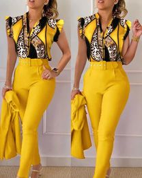 Suits Summer Fashion Print Two Piece Set Women Casual Office Ladies Button Flying Sleeve Shirt Pants Two Piece Set Women