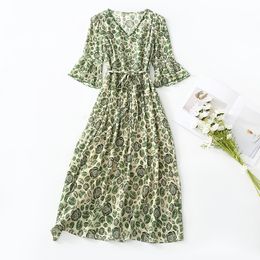2023 Summer Green Floral Rose Print Beaded Silk Dress 1/2 Half Sleeve V-Neck Belted Midi Casual Dresses C3Q04 Plus Size XXL 5063