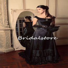 Vintage Gothic Schwarzes Hochzeitskleid Viktorianisches Treiben Land Brautkleider 2023 Gestufte Rüschen Renaissance Kirche Mittelalterliche Braut Hippie Roben Mariee