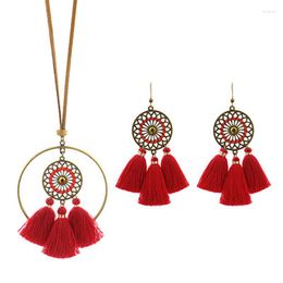 Jewellery Pouches Retro Pendant Bohemian Necklace Earring Set For Women Long Tassels Hollow Sweater Chain Ethnic Style Red