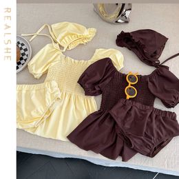 Two Pieces 2023 Children's Swimwear Solid Short Sleeve Two Piece Swimsuit for Girls Summer Sets Kids Sweet 230707
