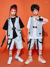 Stage Wear Boys Hip Hop Dance Costume Summer Suit Reflective Clothing Vest Shorts Girls Modern Performance Kids DNV17012