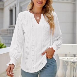 Women's Blouses Autumn Office Commuter Tops Stylish V-neck Ruffled Long Sleeve Ladies T-shirts For Casual Wear Loose Fit Comfortable