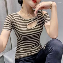 Women's T Shirts Striped Shirt Hollow Out Sexy Off Shoulder For Women Skew Collar Tee Femme Short Sleeve T-shirt Summer