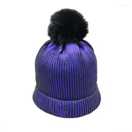 Berets Winterproof Women Sequin Knitted Fleece Beanie Hat With Faux Fur Pom-Pom Slouchy Knit Warm Shiny Bling Winter Beanies Skull Ca P