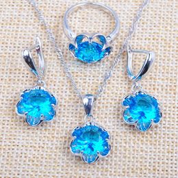 Necklace Earrings Set 2023 For Women Wedding Jewellery Silver Colour Sky Blue Crystal Pendant Rings Russian Style TZ0134