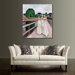 Abstract Figure Canvas Art Drei Madchen Auf Der Brucke. Um Edvard Munch Painting Handmade Musical Decor for Piano Room