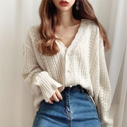 Cardigans 2020 Women Spring Summer Sweater and Cardigans Low Vneck Knit Tops Long Sleeve Hollow Out Sexy Cardigan Loose White Tops