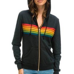 Women's Hoodies Sweatshirts Donsignet Women Coat Casual Rainbow Hooded Fashion Zipup Striped Cardigan Men 230707