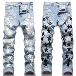 Men's Jeans Mens slimming fit denim pants light luxury stars embroidery jeans trendy casual street fashion men; 230707