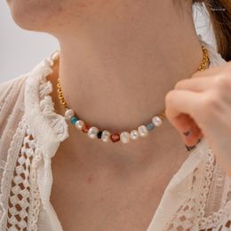 Choker ALLME Chic Women Candy Color Natural Stone Freshwater Pearl Beaded Necklace 18K Gold Plated Stainless Steel