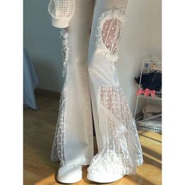 Womens Pants Capris white highwaist trousers womens splicing mesh lace hollow flared pants irregular design wideleg straightleg 230707