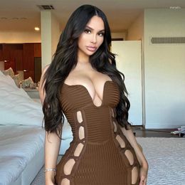 Casual Dresses Summer Solid Sleeveless Bandage Bodycon Sexy Hollow Out Backless Dress Ribbed Women Midi Night Club Party