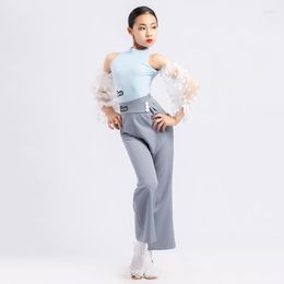 Stage Wear Mesh Ballroom Dance Tops Girls Grey Latin Pants Costume Salsa Clothing Modern Dancewear Tango Dancer Outfit JL3361