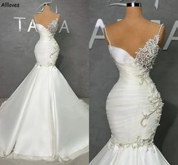 Dubai z koralikami Oszałamiające perły Arabian Suknie ślubne syreny Arabian Suknie ślubne Spaghetti Slim Placted Pleats Vintage Małośne sukienki Seksowne eleganckie satynowe vestidos de novia