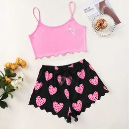 Women's Sleep Lounge Pink Heart Print Pajamas for Women Pyjama Sets 2 Piece Lace Underwear Summer Pijama Suits Shorts Sexy Sleepwear Bowknot Outfit