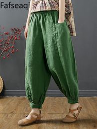 Capris 100% Cotton Linen Lantern Pants for Women 2023 Summer Autumn Retro Casual Baggy Capri Harem Pants Soft High Waist Green Bloomers