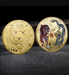 Arts and Crafts Dragon and Tiger Commemorative Medal 3D Embossed Colored Gold and Silver Commemorative Medal Metal Emblem Challenge Coin