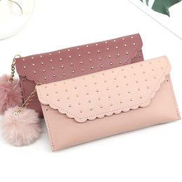 Women's Wallet New Vintage Stud Buckle Long Ladies Wallet Card Wallet PU Leather Wallet with Fur Ball Jewelry Phone Case