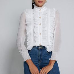 Women's Blouses Fashion Ruffle Puff Long Sleeve White Shirt Elegant Stand Collar Office Lady Blouse 2023 Spring Edible Tree Chiffon