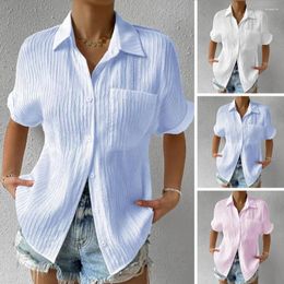 Women's Blouses Women Shirt With Pocket Lapel Collar Short Sleeves Summer T-Shirts Solid Color Single Breasted Casual Pleated