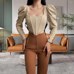 Women's Blouses Women Blouse Crop Top Long Sleeve Solid Square Collar Irregular Slim Fit Girdle Bubble Sleeves French Style Shirt Female