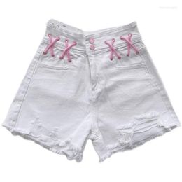 Women's Shorts White Casual High Waist Denim Women Summer Pocket Tassel Hole Ripped Criss Cross Jeans Street Wide Leg Short Pants
