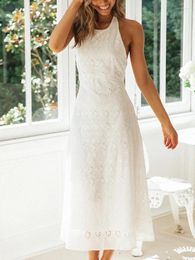 Casual Dresses Hollow Out White Long Dress Women Neck-Mounted Backless Female Sexy Sleeveless Lace Up Ladies Summer Beach