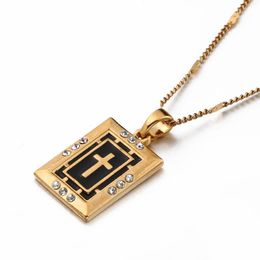 Pendant Necklaces Trendy Cross Gold Colour Rhinestone Black Enamel Crucifix Women Jewellery