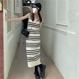 Casual Dresses Vintage Women Dress Wild Round Neck Loose Hit Colour Striped Sleeveless Vests Knitted Clothes Summer 2023