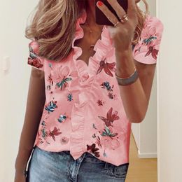 Women's Blouses Women Top Loose V Neck Shirring Ruffle Edge T-shirt Flower Print Short Sleeves Lady Dating