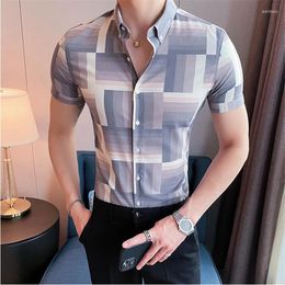 Men's Casual Shirts British Fashion Summer Checkered Short Sleeve Shirt Clothing 2023 Retro Business Slim Fit Social Banquet Dress