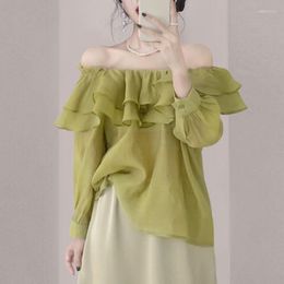 Women's Blouses Summer 2023 Korean Style Feminine Rayon Tops Design Sense Slash Neck Sweet Long Sleeve Lightweight Streetwear