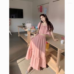 Work Dresses Women's Sets Solid Colour Short Sleeve Top Wooden Ear Edge Half Skirt Pink Sweet Summer Two Piece Clothing