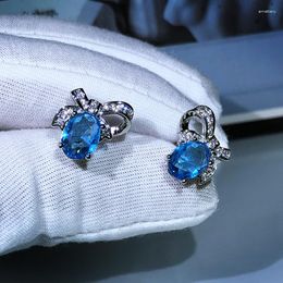 Stud Earrings Est 925 Silver Inlaid Female Natural Blue Topaz Bow For Ladies Birthday Wedding Party Jewelry Gifts