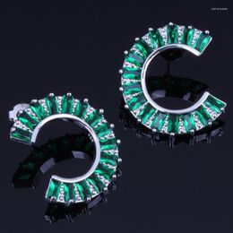 Stud Earrings Magic Half Moon Shape Green Cubic Zirconia Silver Plated V0186