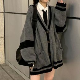 Cardigans Deeptown Grey Striped Knitted Sweater Cardigan Women Korean Style Haruku Oversize Jumper Preppy Fashion Female Tops Winter