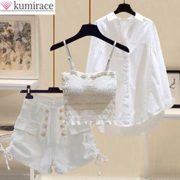 Pants Summer New Lace Pleated Strap Tank Top White Shirt Sexy Mini Shorts Three Piece Elegant Women's Pants Set Casual Outfits