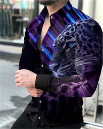 Men's Dress Shirts 2023 European est Fashion Sports Suit Party Leopard Lion HD Graphic Shirt Lapel Button Purple Blue Top Men S6XL 230707