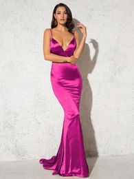 Sweaters Deep V Neck Fuchsia Black Satin Maxi Dress Long Mermaid Bodycon Floor Length Open Back Stretch Cut Out Party Dress